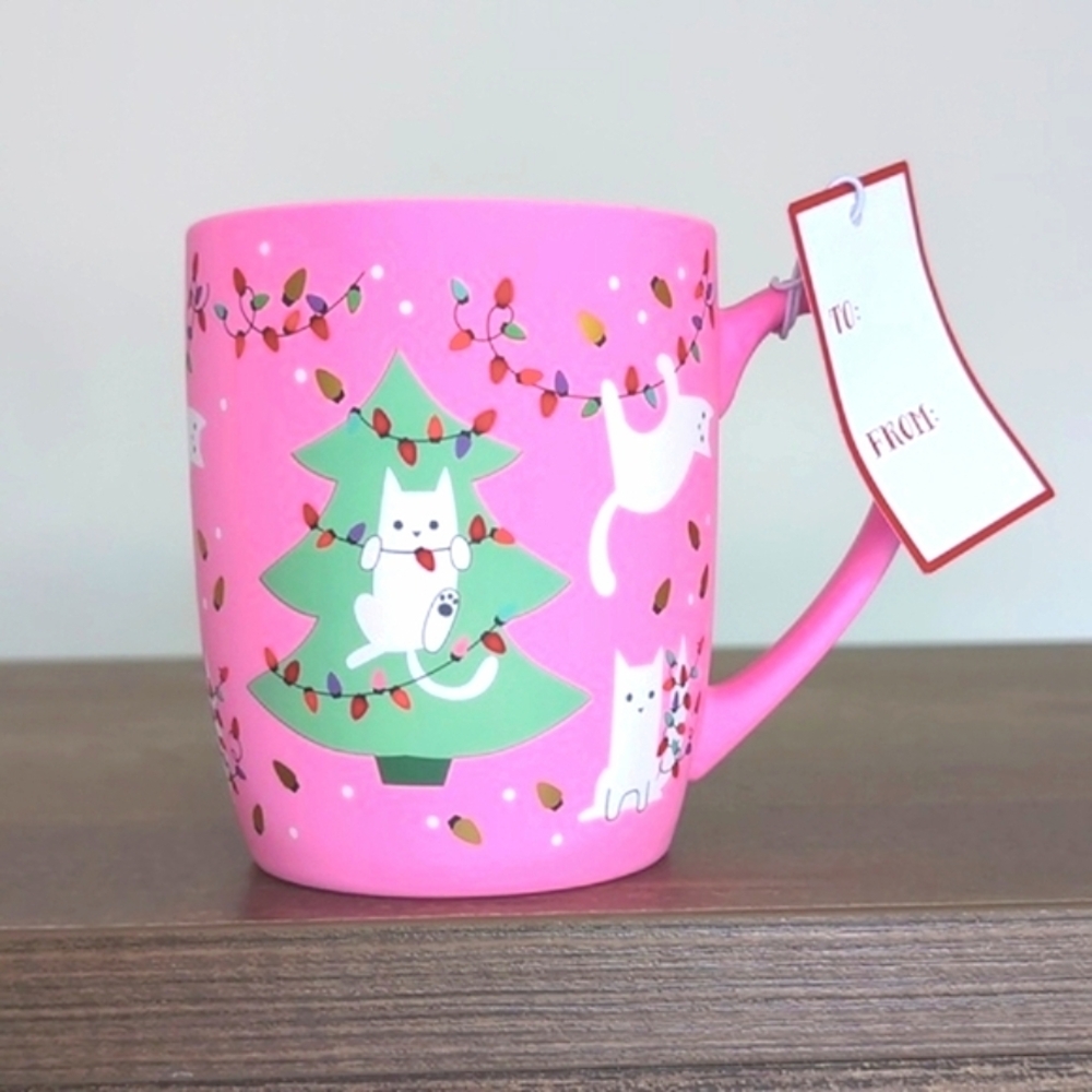 Peppermint & Pine Christmas Soft Touch Pink Mug w/ Cat, Xmas Tree and Lights 🐈